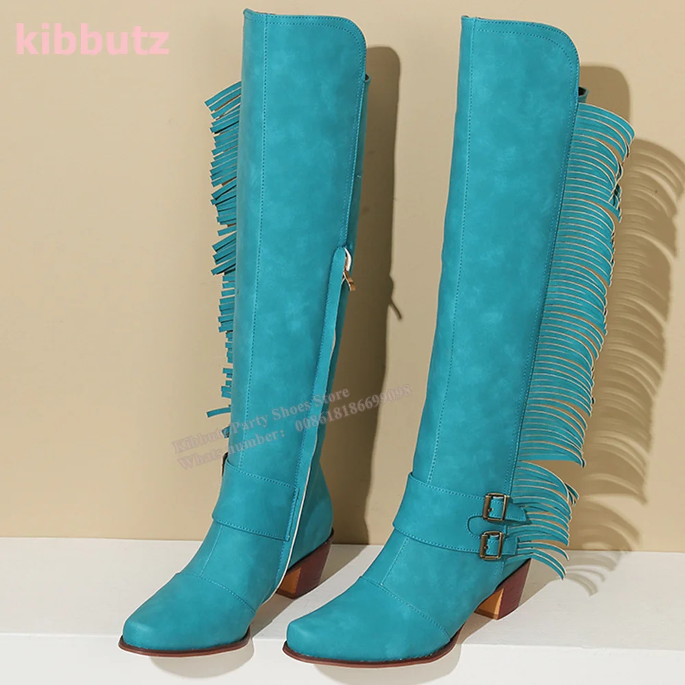 Suede Tassel Knee High Boots Pointed Toe Square Heel Belt Buckle Side Zipper Solid Blue Fashion Cowboy Sexy Women Shoes Newest