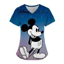 Disney Pocket szpital odzież damska strój pielęgniarki koszulki damskie Mickey Top kobiety 2024 V dekolt koszulka Minnie Mouse topy