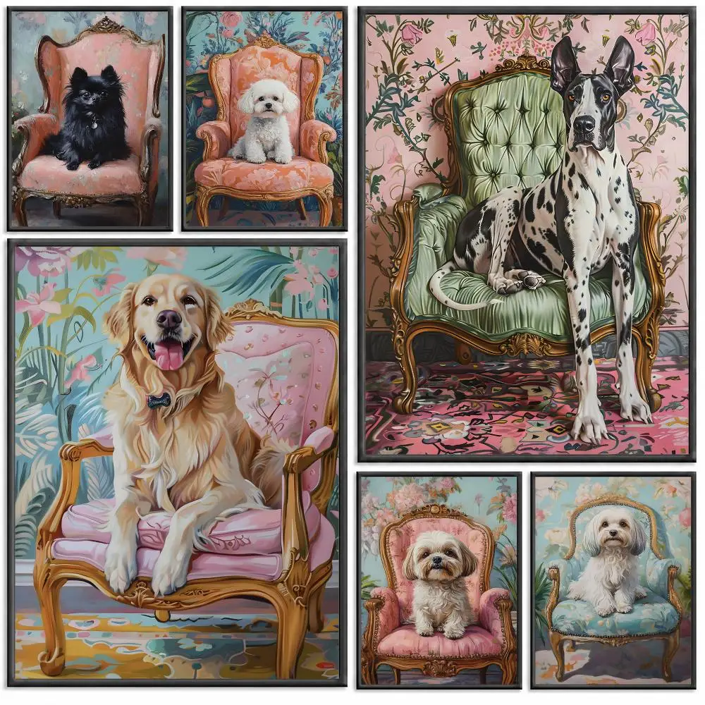 Dog on Stool Bichon Frise Greyhound Pomeranian Poster Modern PP Paper Wall Decorative for Cafe Office Bar Home Wall Decor Gift