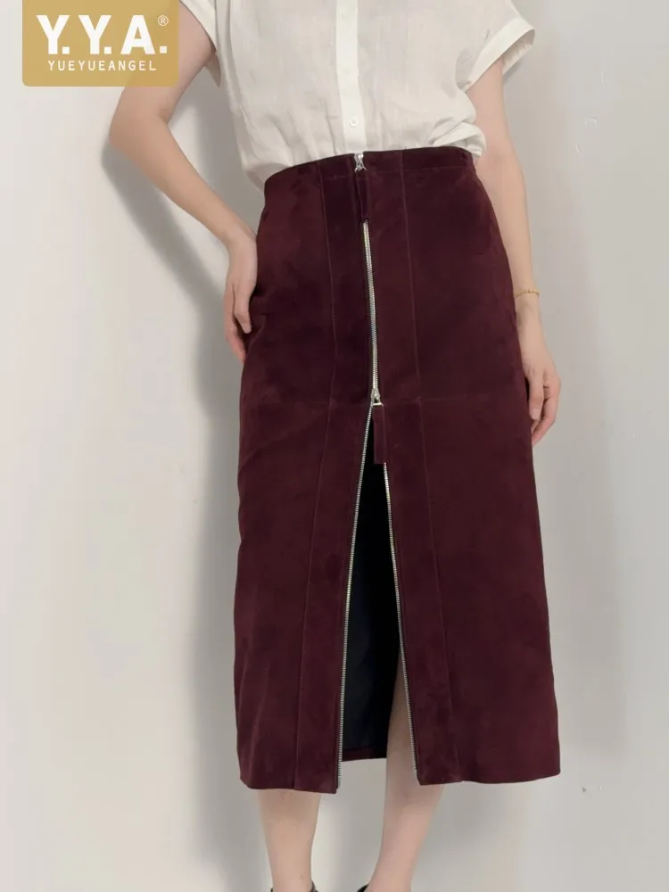 Fashion Vintage Women Real Suede Leather Soft Comfortable Skirt Autumn High Waist Straight Skirts Casual Office Lady Work Skirts