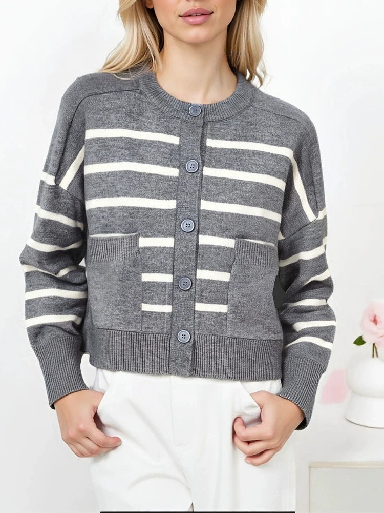 

Women's New Autumn Winter Round Neck Single Breasted Striped Knitted Cardigan Sweater
