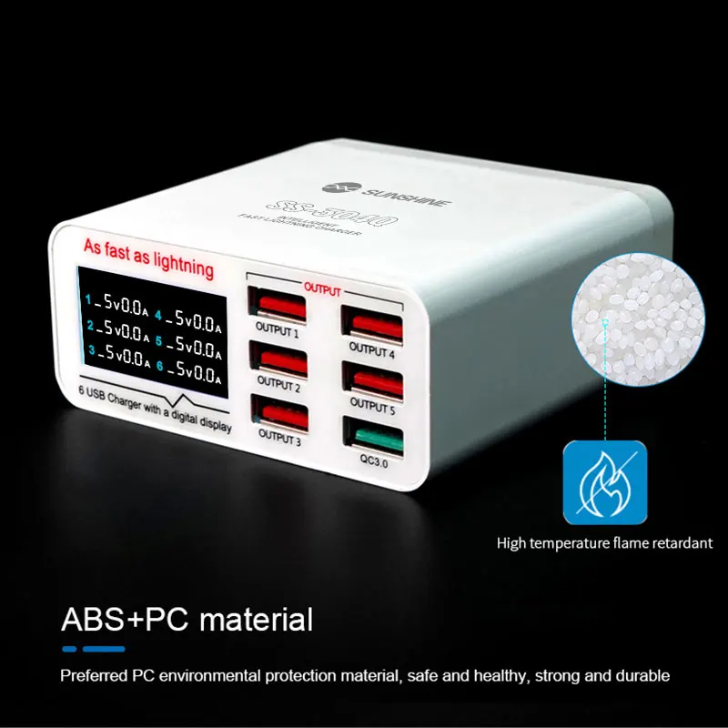 SUNSHINE SS-304Q SS-304D 6 port USB QC3.0 fast charging technology with LCD Display for iphone 15 ipad computer Charge