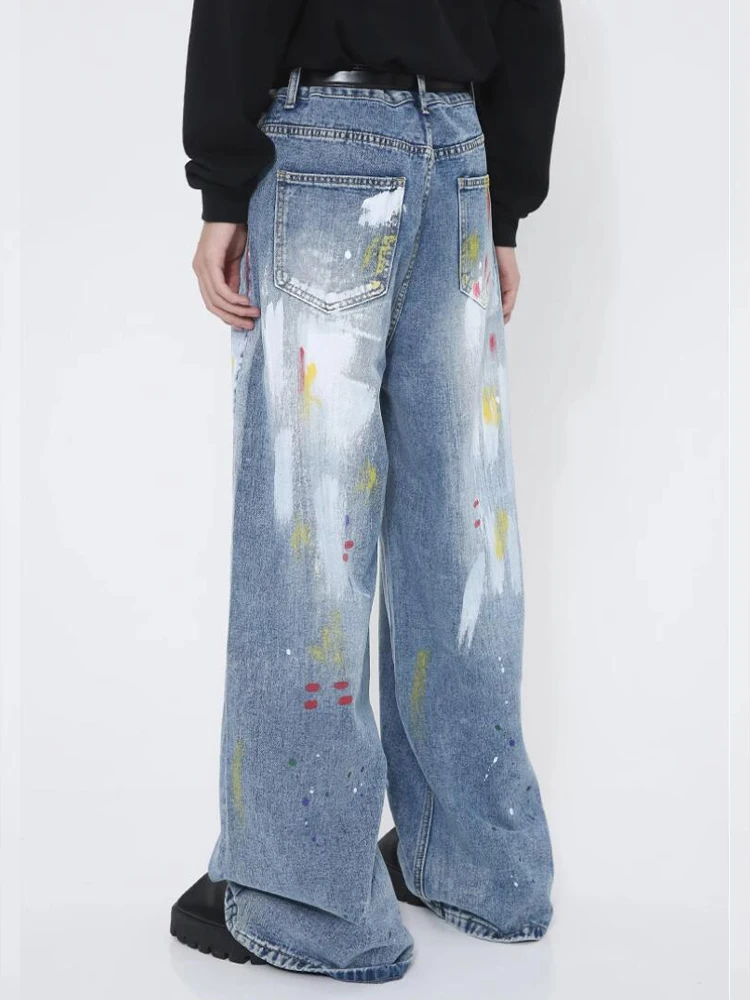 Calça jeans de grafite casual feminina, perna reta solta, cintura média, roupas unissex na moda, novo, 2024