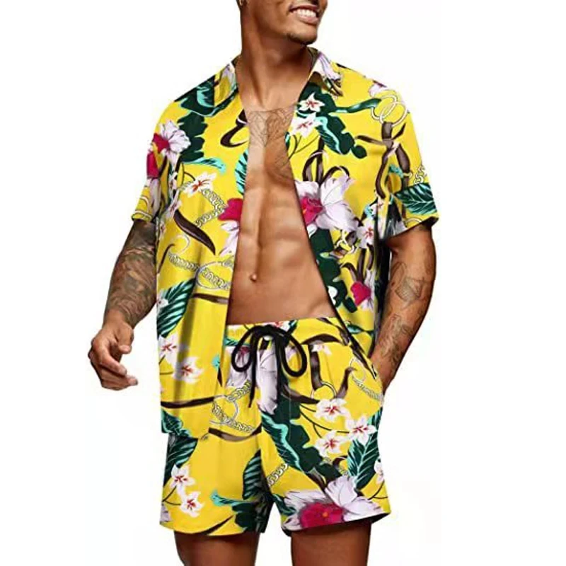 Floral 2PCS Shirts Suits Men Fashion Shirts+Shorts 3D Two Piece Sets Hawaii Shirts Beach Shirt Sets Boy Beach Vocation Outfits