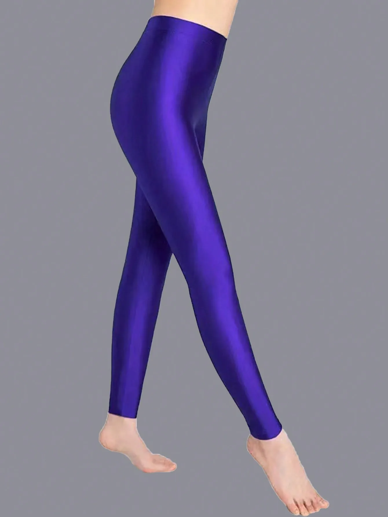 Leggings con purpurina ligera de poliéster estilo euroamericano, cintura elástica púrpura, pantalones informales ajustados y brillantes de nueve puntos