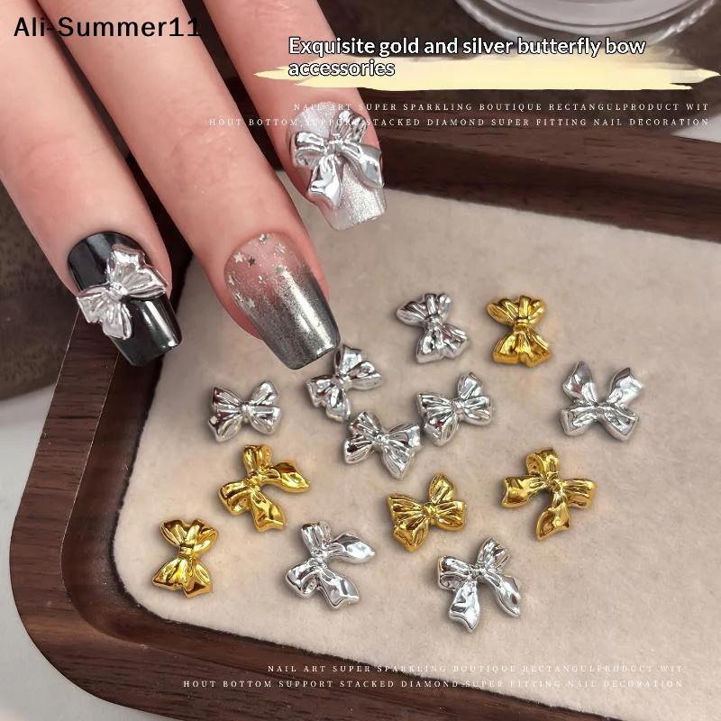 【B11】50pcs Gold Silver Color Bow Tie Bowknots Ribbon Resin Nail Art Rhinestones Decorations Manicure Imitation Metal Charms