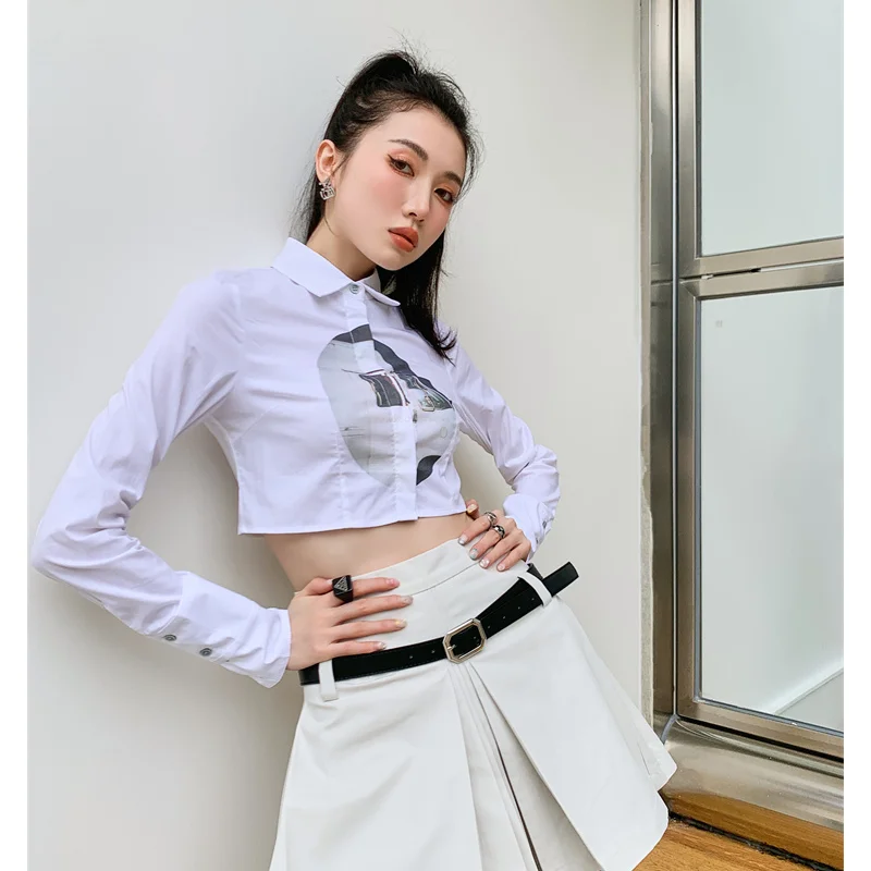 Spring Summer Women's Clothing Shirt French Simple Lapel Print Short Open Waist Top with Slim White Short Skirt Two-piece Set