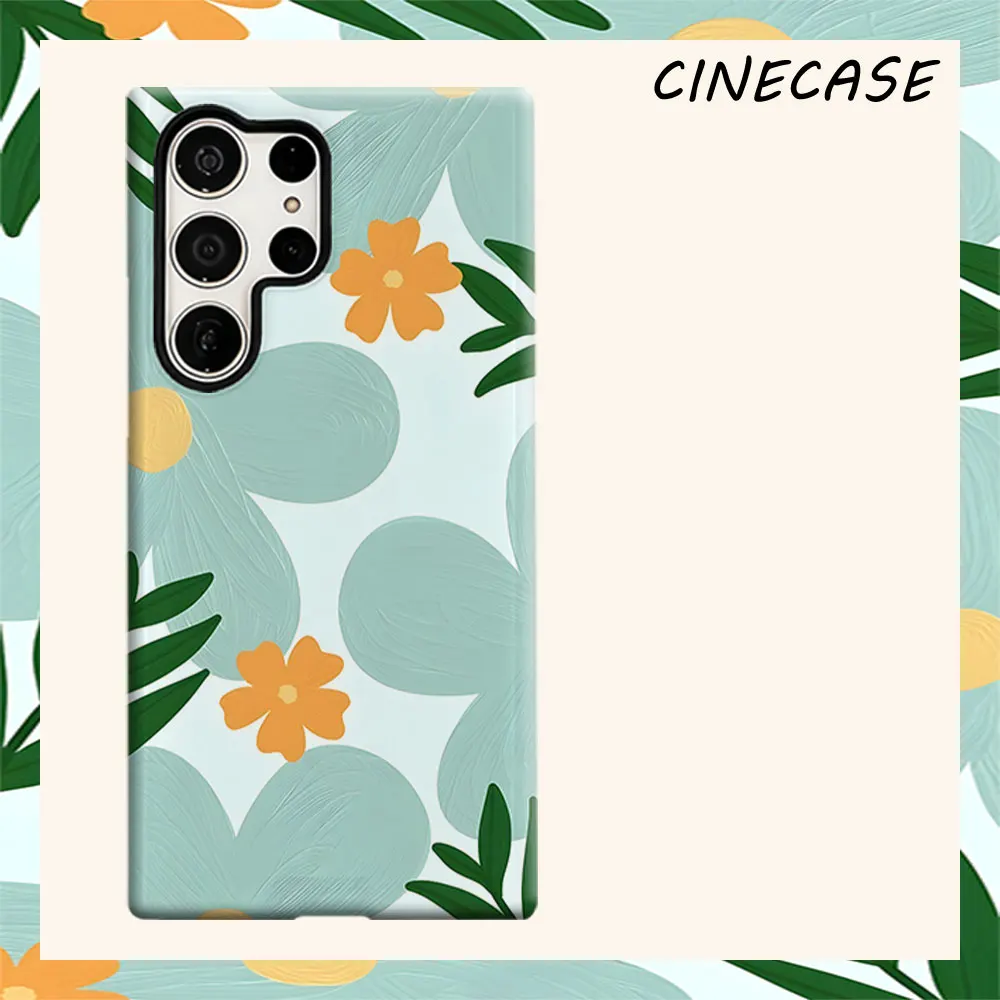 Mint Orange Minimal Floral For Samsung Galaxy S26 S25 S24 A56 A36 Dual Layer Luxury Fashion Full Lens Protective Case