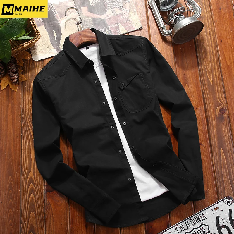 Spring and Autumn Men's Thin Shirt 2024 New Cotton Sweat Absorbing Breathable Lapel Top Retro Simple Men's Crock Long Sleeve