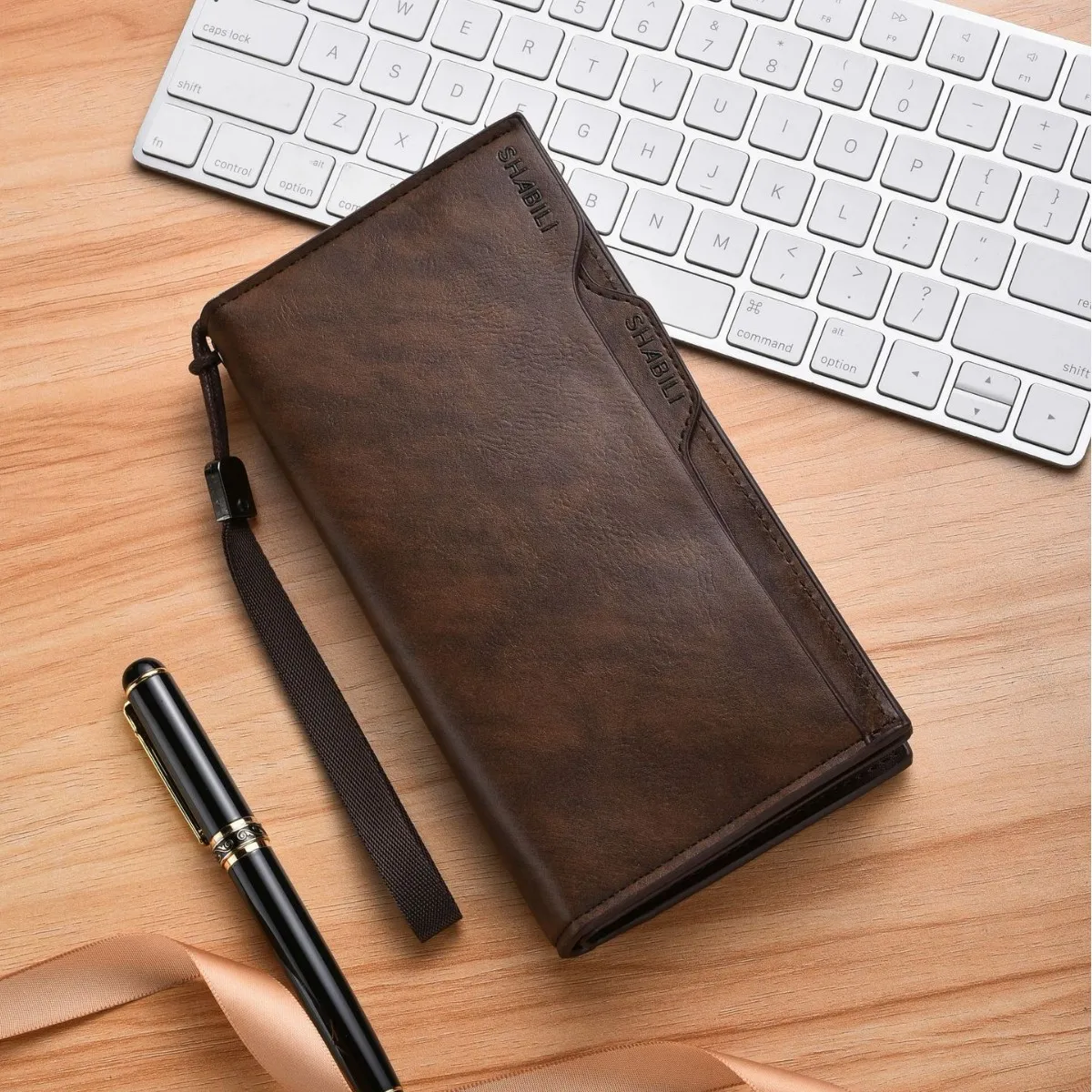 Men's Long Wallet, Retro Clutch Bag, Wear-resistant PU Leather Lanyard, Men's Multi-card Business Wallet
