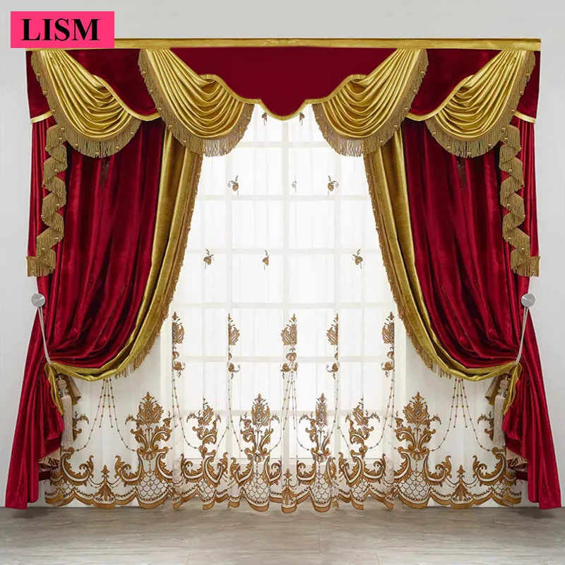 

European Palace Luxury Velvet Curtains for Living Room Bedroom Red Yellow Splicing American Villa Blackout Decor Custom Tulle