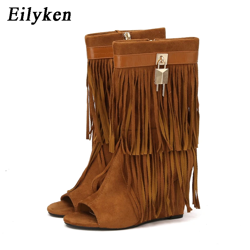 Eilyken-sandalias de cuña con flecos para mujer, zapatos de tacón alto con punta abierta, sexys, con cremallera, para fiesta y graduación, 2024