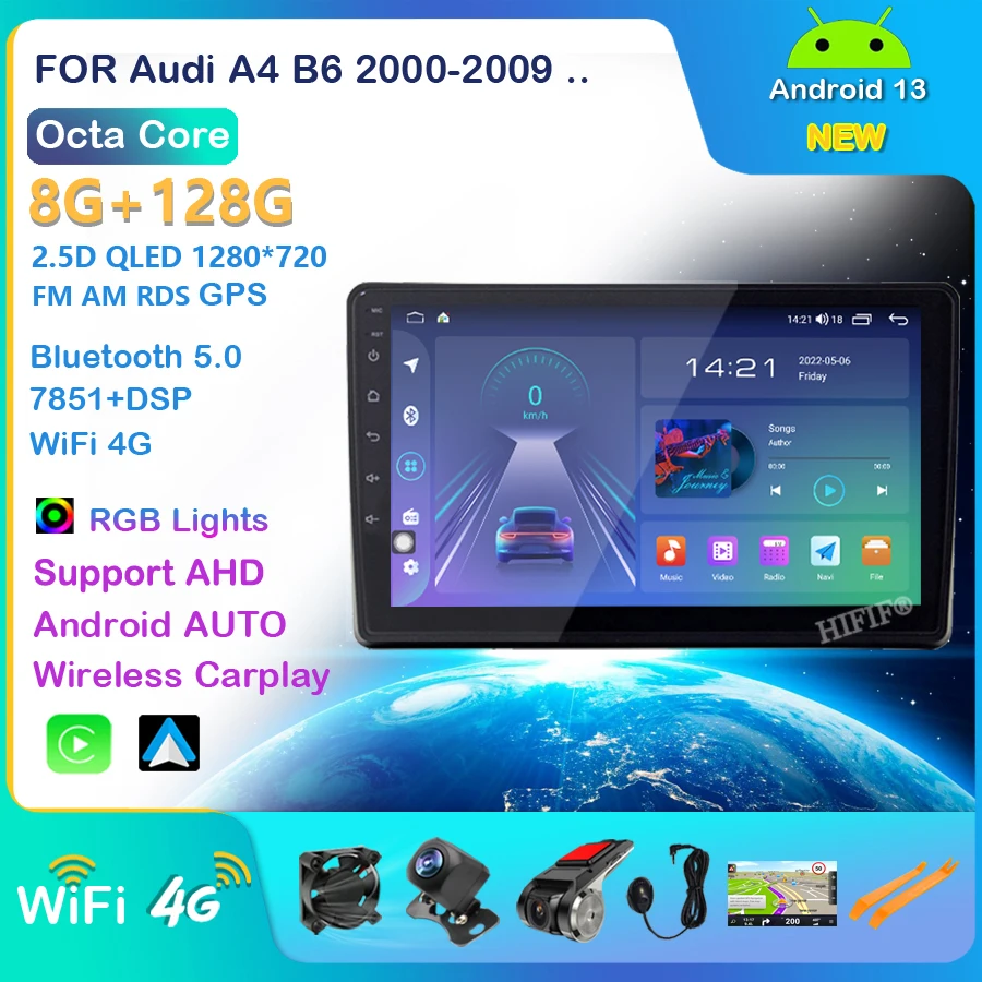 

Android 13 car radio GPS navigation WiFi CarPlay multimedia player for Audi A4 B6 2000-2009 S4 RS4 DSP RDS IPS NO DVD 2din