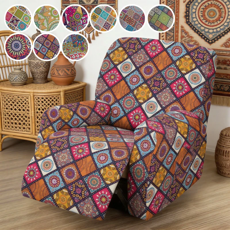 

1 Seat Stretch Recliner Sofa Cover High Elastic Slipcover with Non Slip Stretch Band Bohemian Floral Print Chair Protector Decor