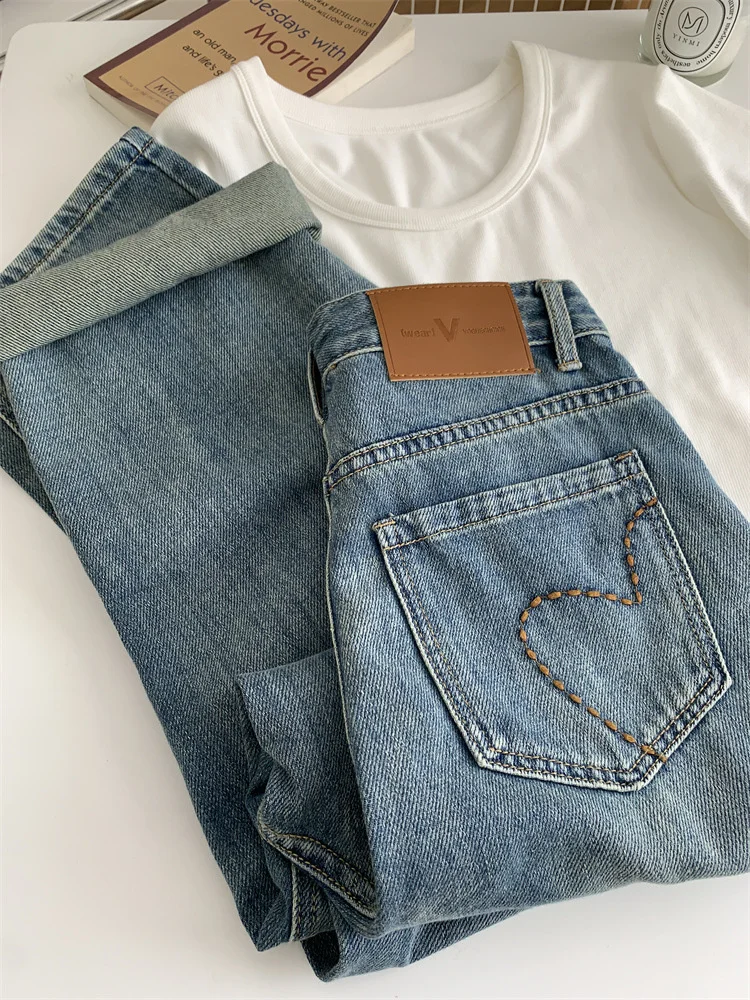 High Waist Straight Jeans For Women Spring Relaxed Slim Embroidered Wide Leg Pants