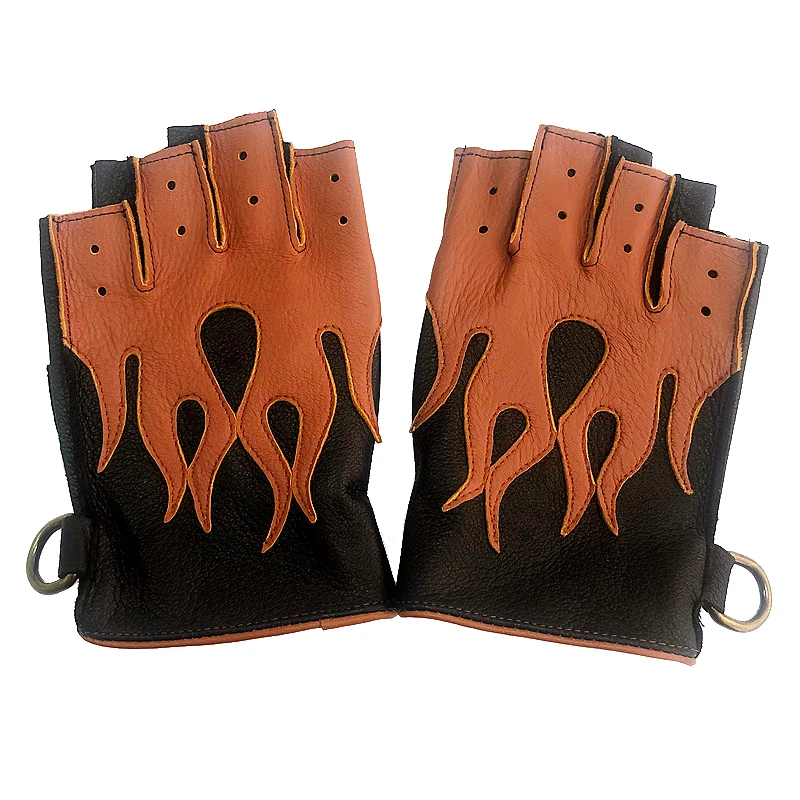 Men\'s Deerskin Gloves 2023 Spring NEW Locomotive Cycling Retro Thin Mittens Male Half Finger Color Blocking Flame Leather Luvas