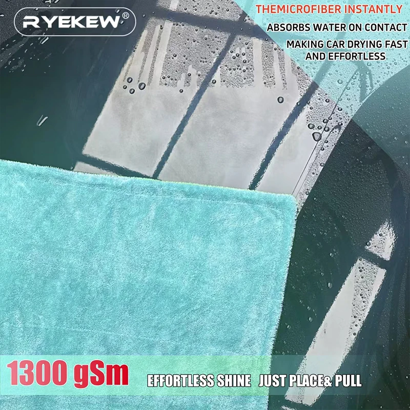 Ryekew 1300g Ultra-Fine Microfiber Towel — Super Absorbent, Extra-Thick, Double-Sided, Dual-Color, Soft Car Cleaning Cloth