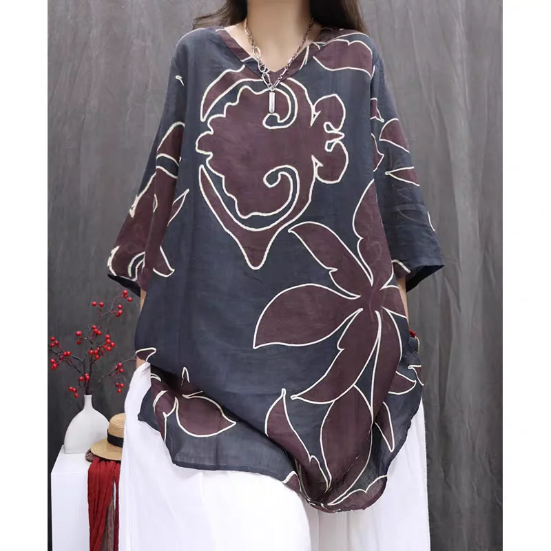 

High-End Summer Artistic Vintage Print Shirt Dress Casual Loose Mid-Sleeve V-Neck Midi Artistic Top Cotton Polyester Blend