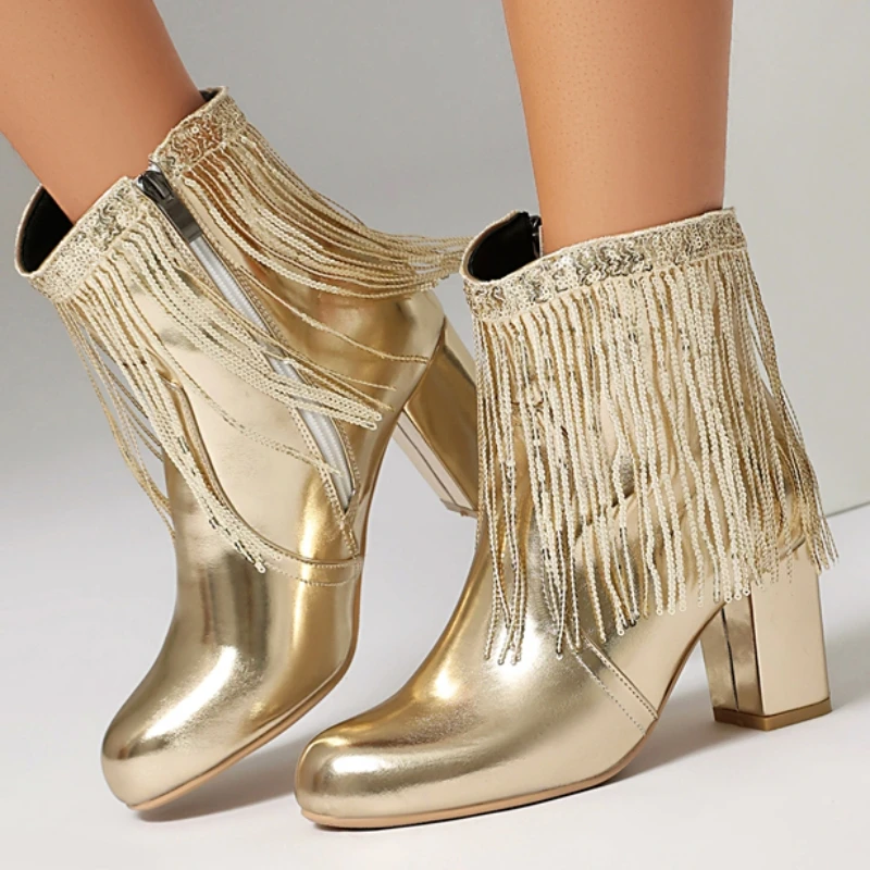 

Luxury Gold Women's Ankle Boots Winter Autumn Dance Shoes Fashion Tassel High Heels Short Boot Party Shoes Ladies Big Size 48