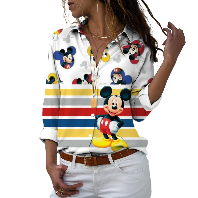 New 2022 Disney Harajuku Slim Fit 3D Printed Women Button Long Sleeve Lapel Mickey Minnie Donald Duck Casual Cute Shirt y2k