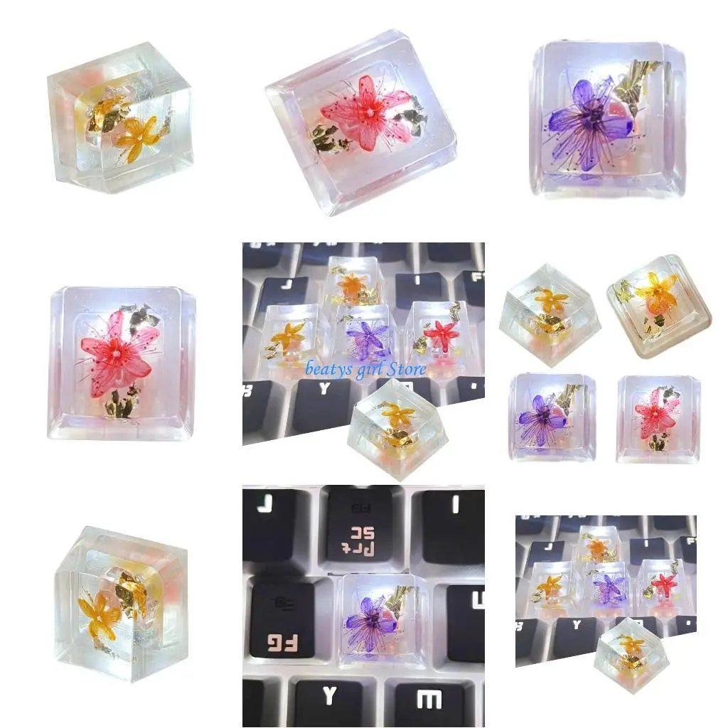 

C7AB Handmade Epoxy Resin Keycap with Real Flower Keycap for Mechanical Keyboards Translucent Finish