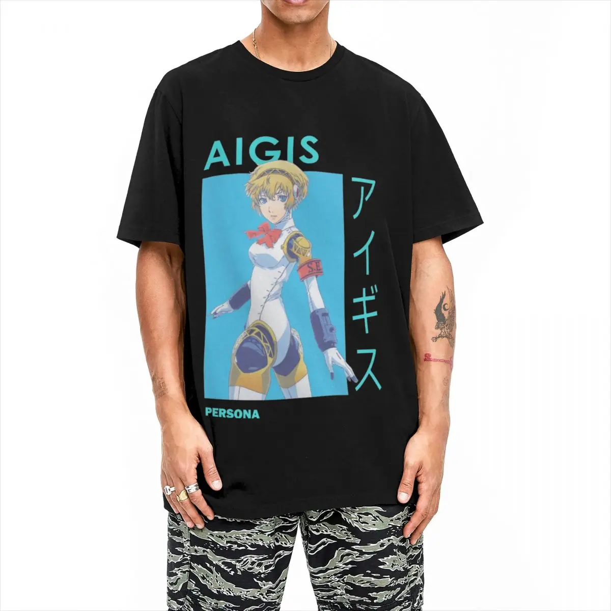 Funny Aigis SEES Ai-chan Aegis Persona 3 Anime T-Shirt Men Cotton Short Sleeve Crewneck Summer TopsTops