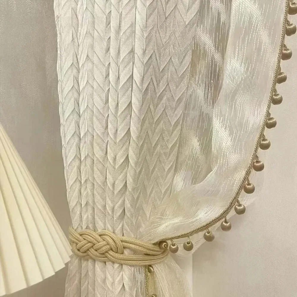 French Cream Chenille Curtains Finished High Precision Villa Living Room High Blackout Herringbone Pattern Curtain Fabric