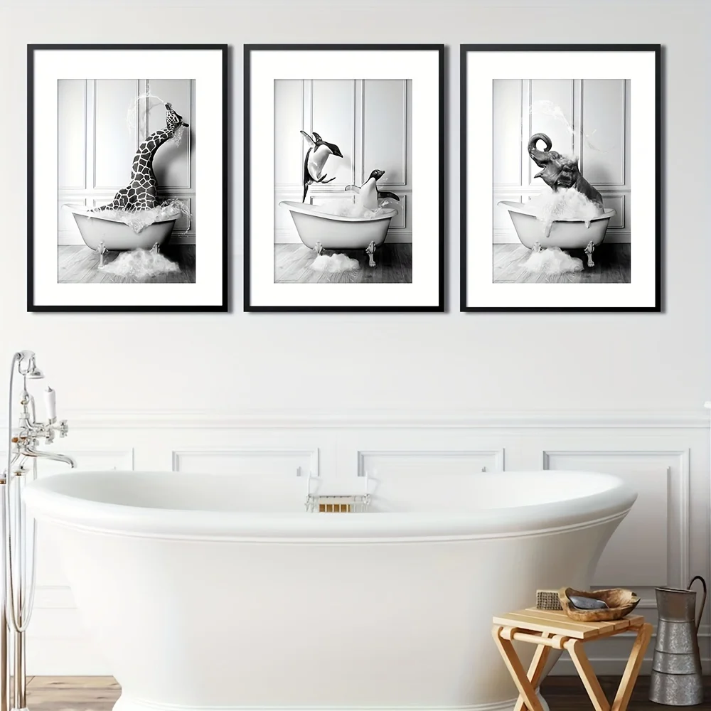 （Noframe 3PCS）-2D Flat, 2D Flat, A Trio of Amusing Black And White Animal Artwork Featuring an Elephant, Penguin, And Giraffe