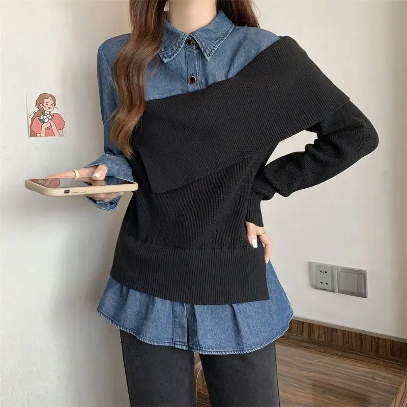 Cowboy Knitted Fashion Set for Women's Spring  Autumn 2023 New Black Vest Sweater Tank Top Cowboy Two Piece Set