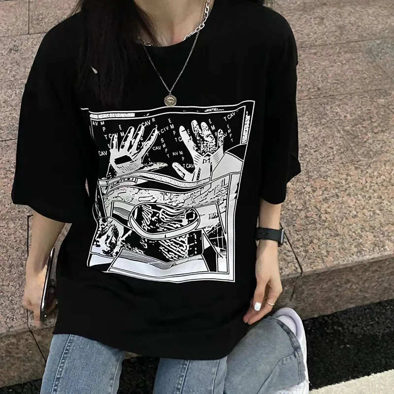 Good Quality CAVEMPT T-shirts Comic Ghost Hand Printing Cotton Loose O-Neck Lovers C.E Casual Men Woman Tops Tee