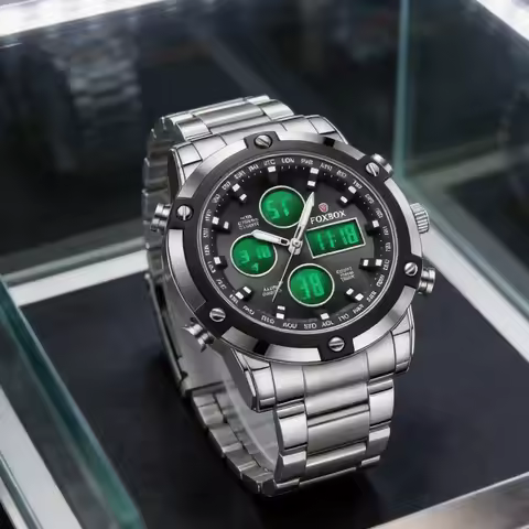FOXBOX Mens Full Steel Strap Quartz Wristwatch 3 Time Back Light Display Digital Watches Countdown Clock Relogio Masculino reloj