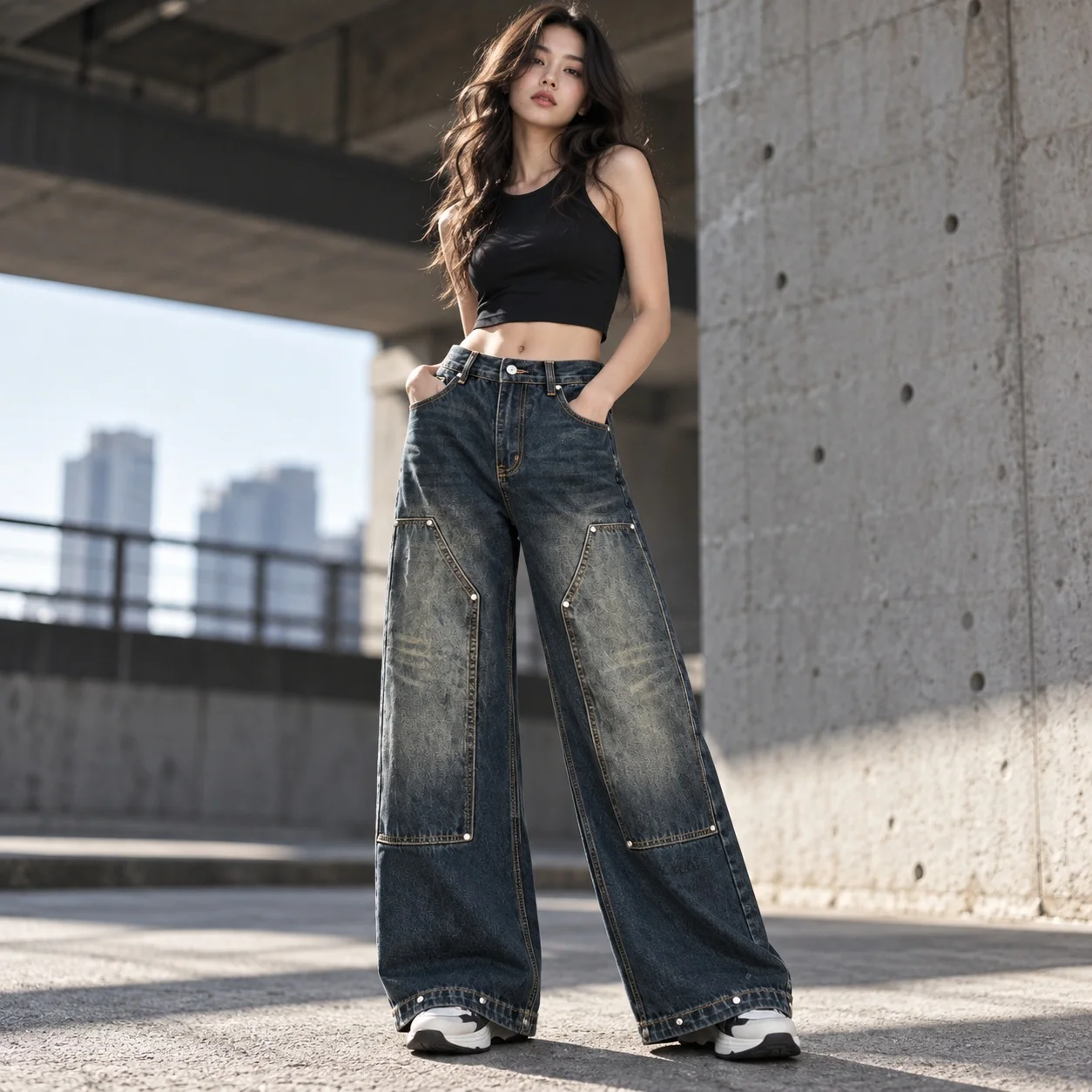 Wide Leg High Waist Jeans Full Length Streetwear with Pocket Patchwork Applique Women Pants Regular Thickness No Stretch Washed