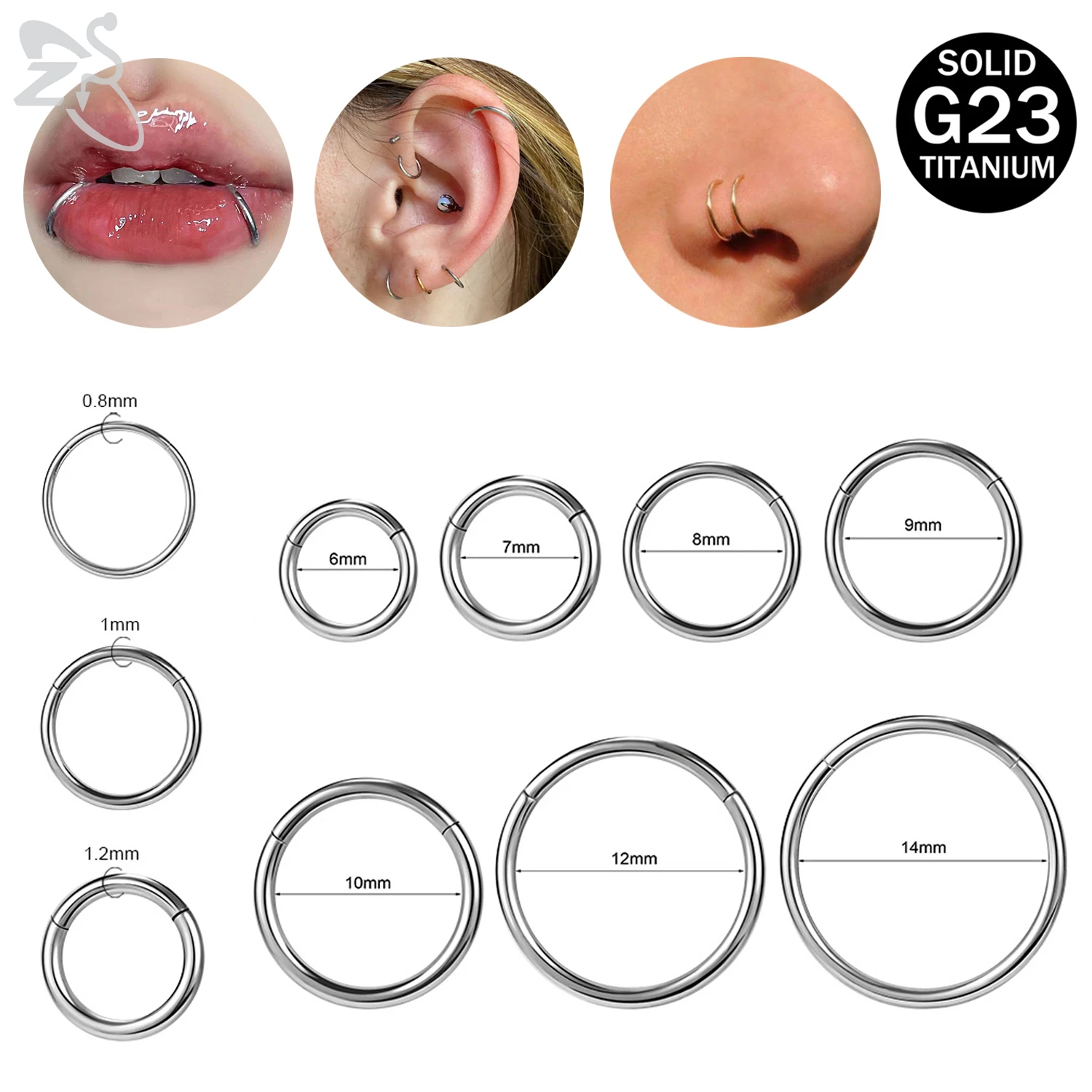 ZS 1 PC G23 Titanium Steel Round Nose Ring Men Women 20/18/16G Septum Piercings Ear Cartilage Helix Piercing Body Jewelry 6-14MM