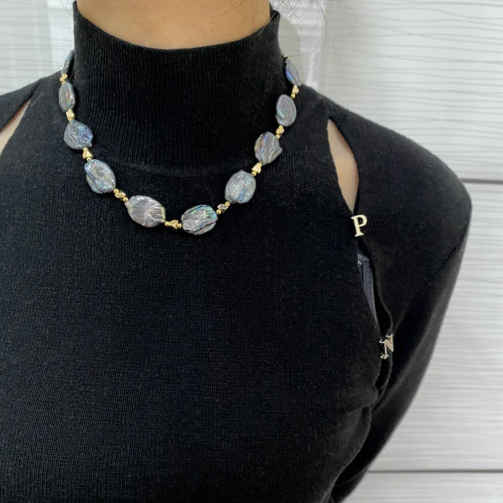 14mm Black oval Shape Flat Pearl Necklace Pearls Natural Freshwater Cultured With Golden Beads Some Defect