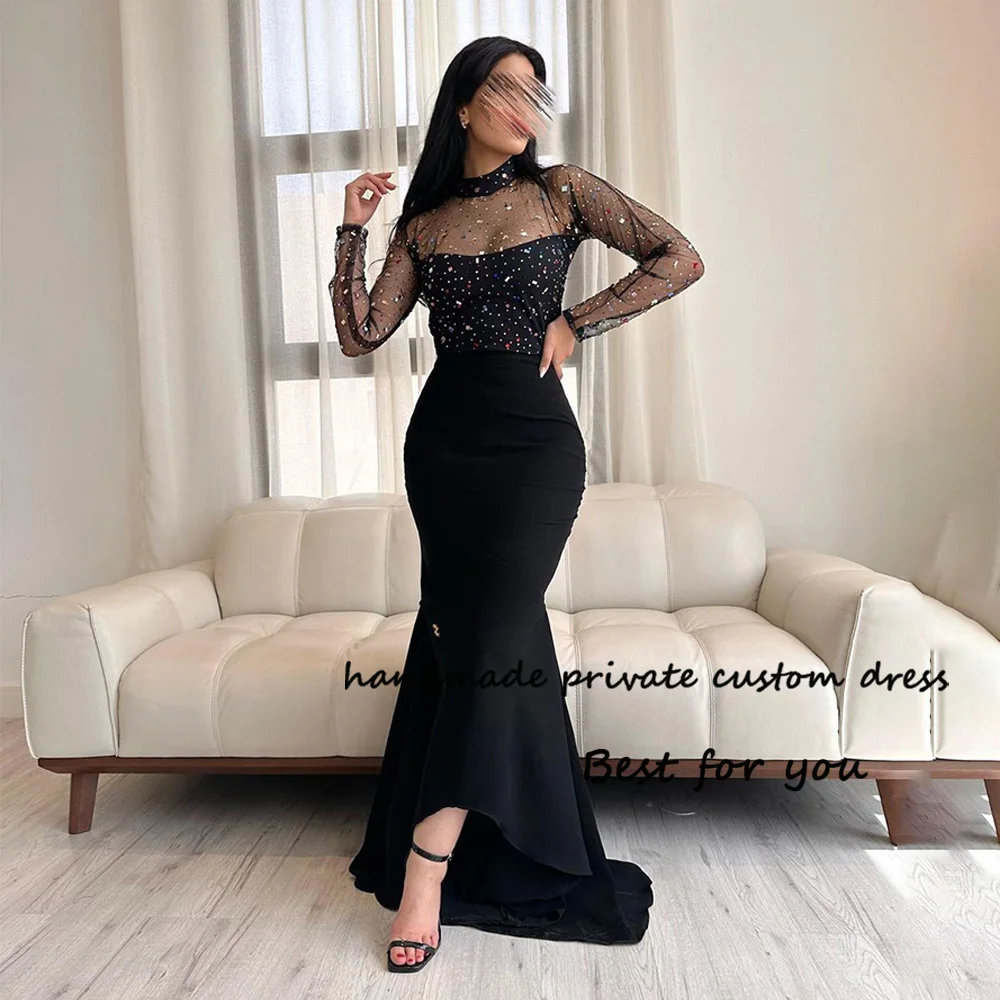 

Black Mermaid Evening Dresses Beads Crystal Tops Long Sleeve High Neck Prom Dress Arabic Dubai Formal Evening Gowns