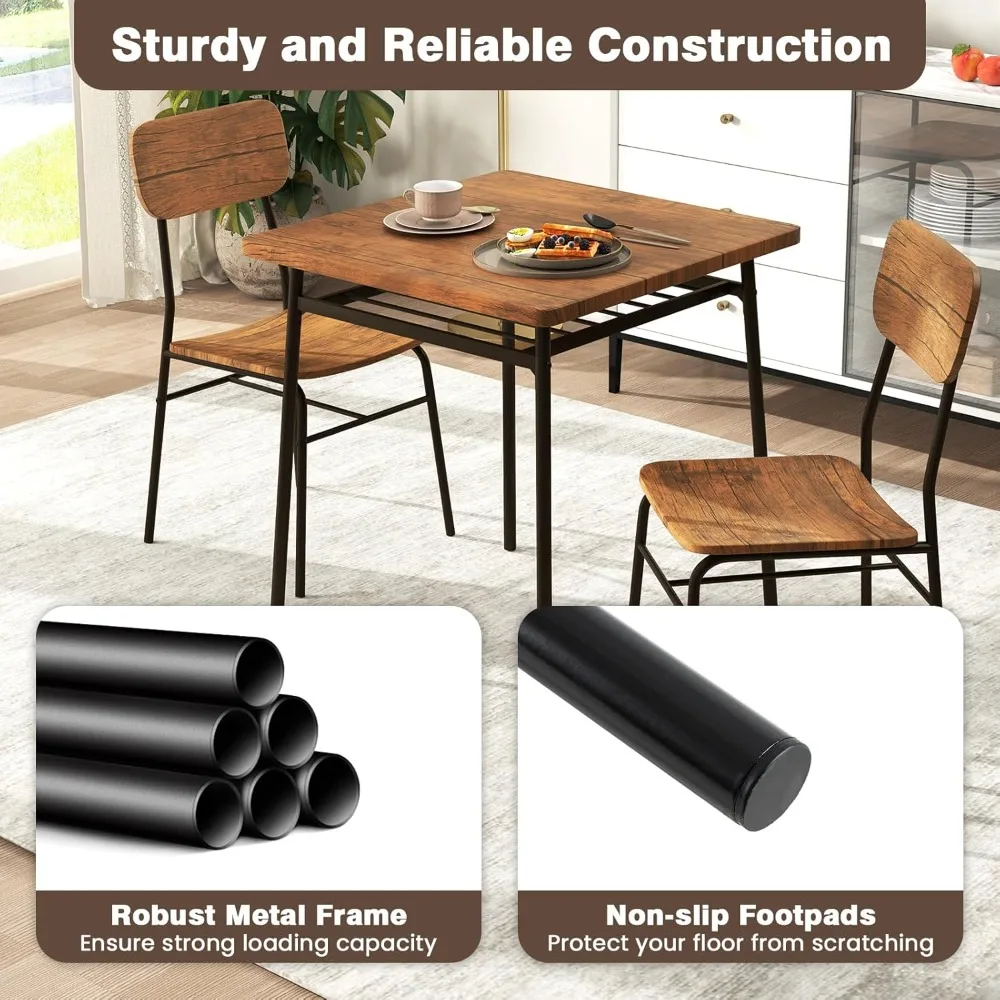 Ensemble de Table à manger carrée pour 2, Table et chaises de cuisine compactes à cadre métallique avec support de rangement intégré, dîner peu encombrant