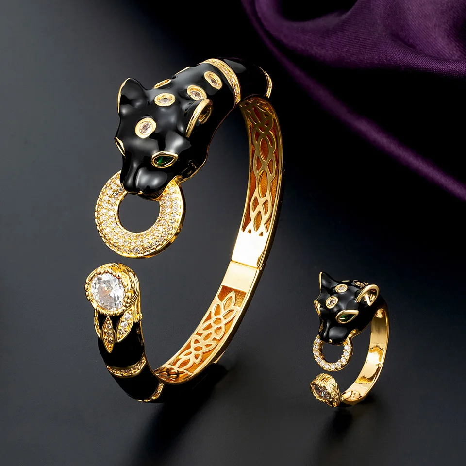 

Zlxgirl New Jet Leopard Animal Bangle with ring jewelry set of Women Punk Anel Full Around CZ zircon Dubai African Gold Bracelet