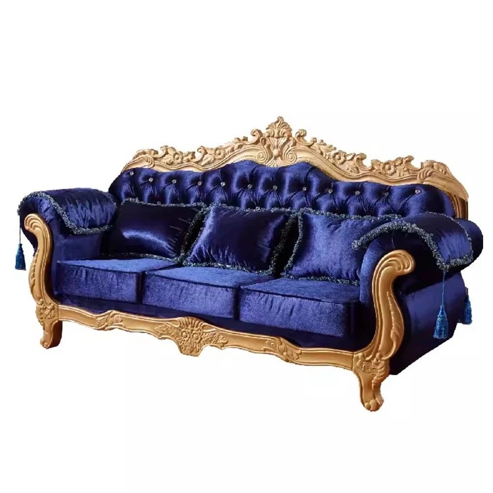 Linlamlim European Fabric Sofa With Gold Carving Solid Wood Frame, Luxurious Large Unit Living Room Cloth Couch Villa Furniture