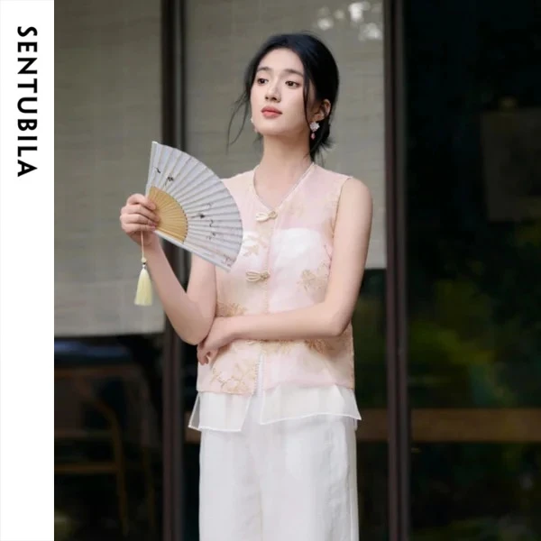 SENTUBILA Women's Chinese Style Pink Fake Two-Piece Vest Pearl Trim Frog Button Asymmetrical Hem Lightweight Top 161JE4747