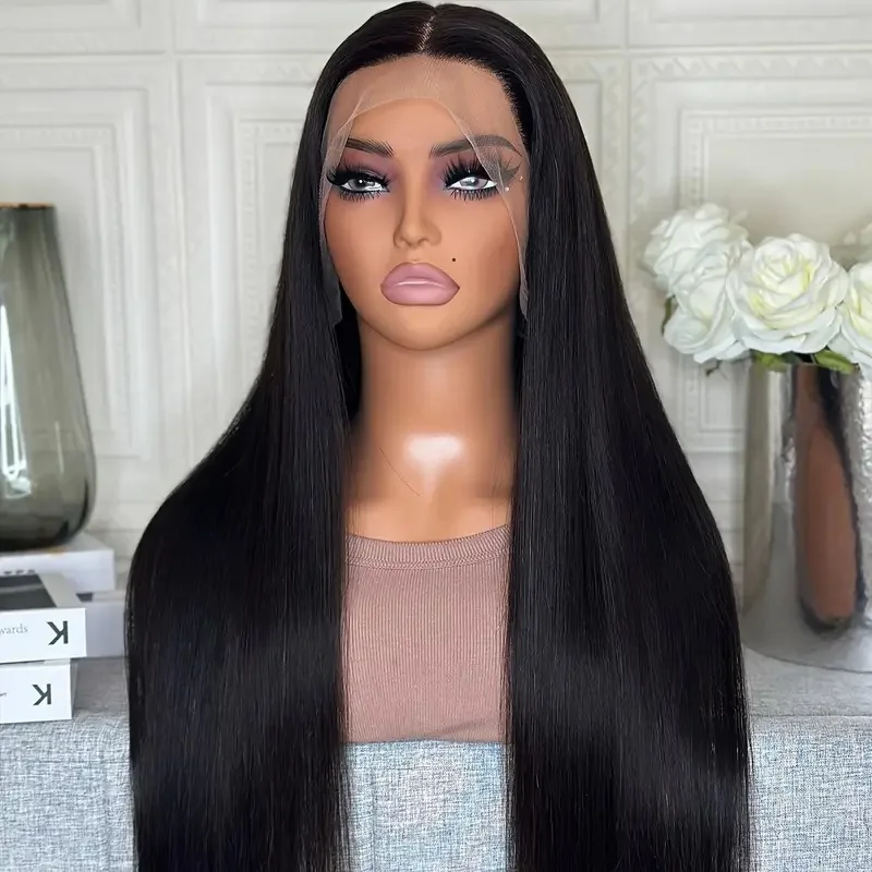 Trendy Lace Front Wig with Bangs for Women, Middle Part Long Straight Hair, Natural Full Head Hairpiece