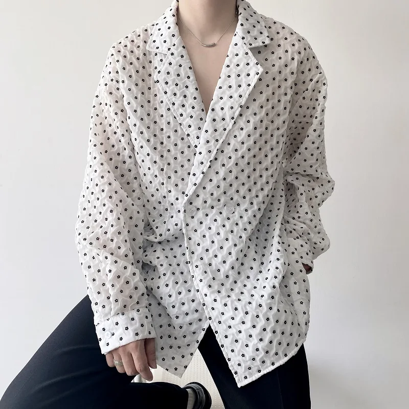 

Luxury Double-Layer Fold Design Polka Dotted Shirts Men High Quality Clouds Yarn Long Sleeve Loose Men's Casual Shirt White Hot