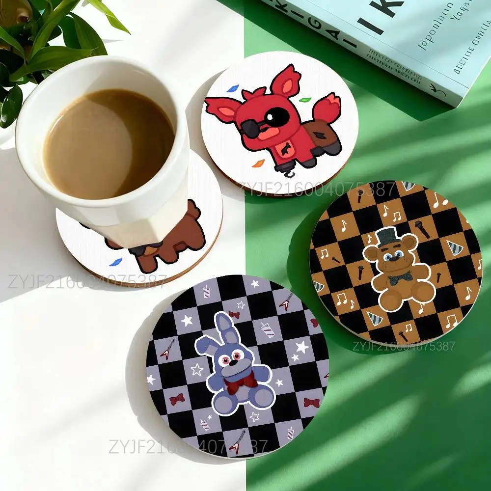 

Fnaf Five-nights-At-Freddys Round Wooden Coasters Heat Resistant Non-slip Drink Cafe Decoration 2D Flat Color Print Set