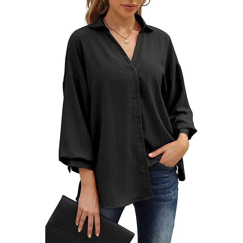 

2024 V-neck Solid Color Chiffon Fashion Casual Seven Point Lantern Sleeve Button Up Shirt for Women in Spring