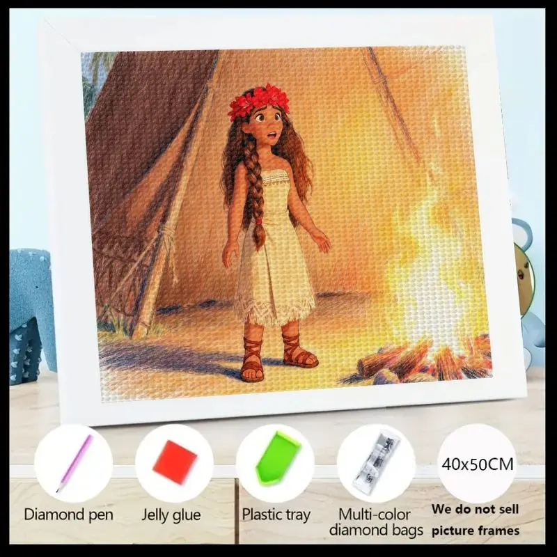 

1PC DIY 5D Full Drill Diamond Painting Kit, Island Princess Adventure with Campfire Scene Crystal Gem Art, Cartoon Character Dia