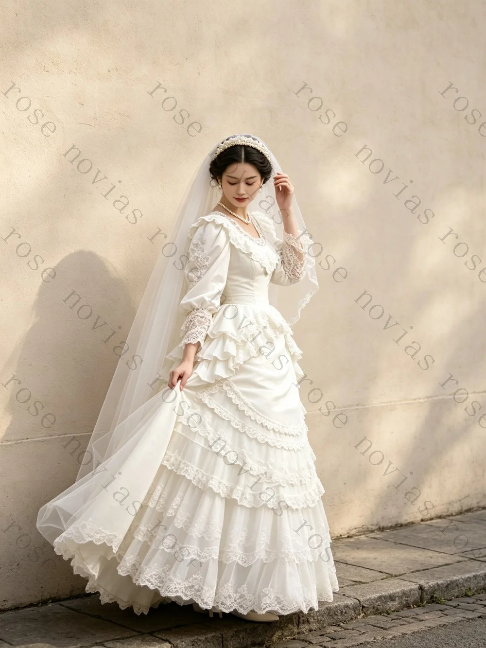 Customized Retro Lace Layered Lotus Leaf Ruffle Wedding Dresses 2026 New White Romantic Fluffy Long Sleeves Princess Bridal Gown