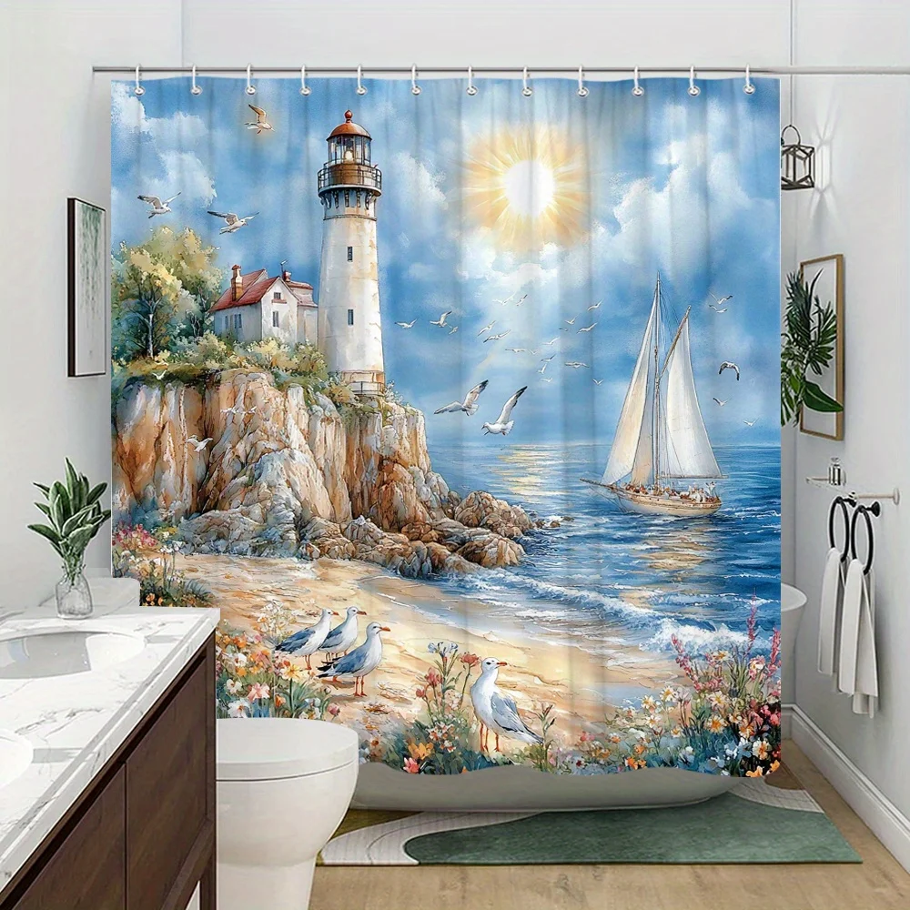 A Coastal Serenity Shower Curtain: Transform Your Bathroom into a Peaceful Haven with This Stunning Design Featuring a Lighthous