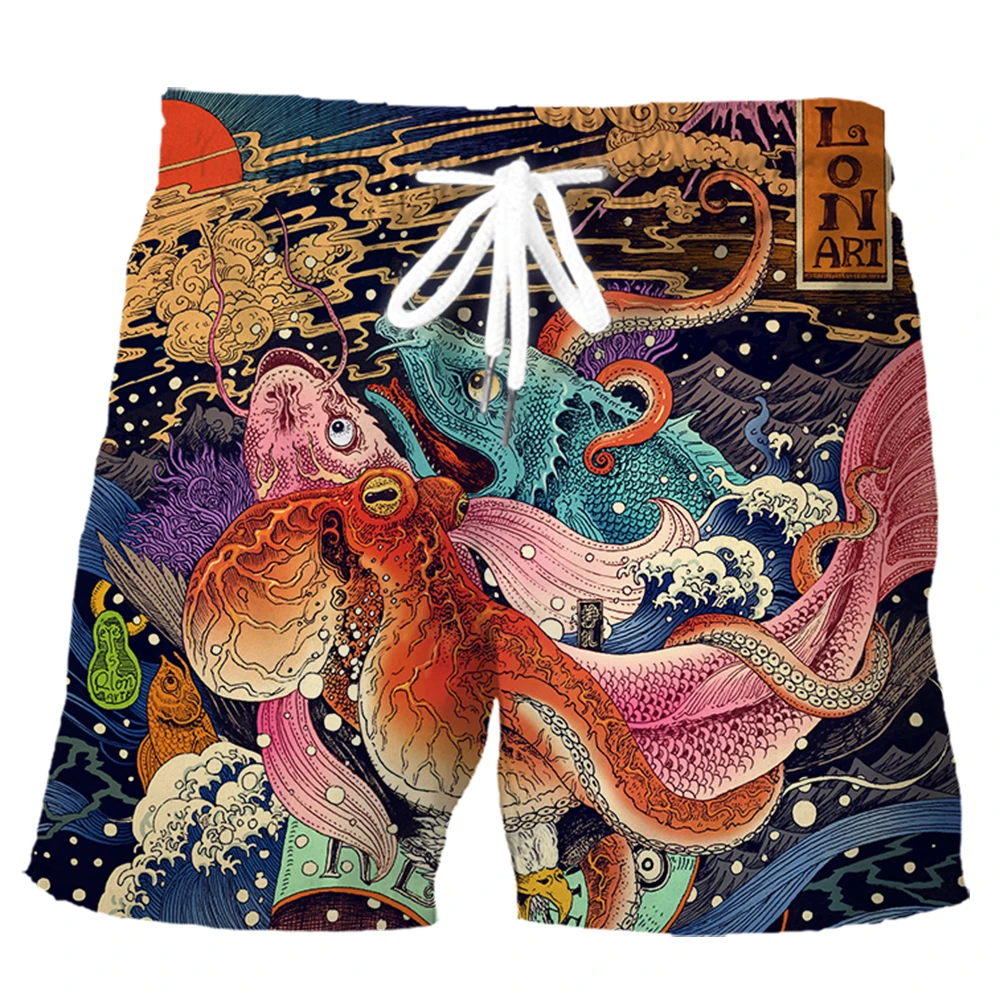 HX Fashion Sports Shorts Japan Art Wave Animals Octopus Carp 3D Printed Pants Summer Polyester Men Casual Board Shorts S-5XL