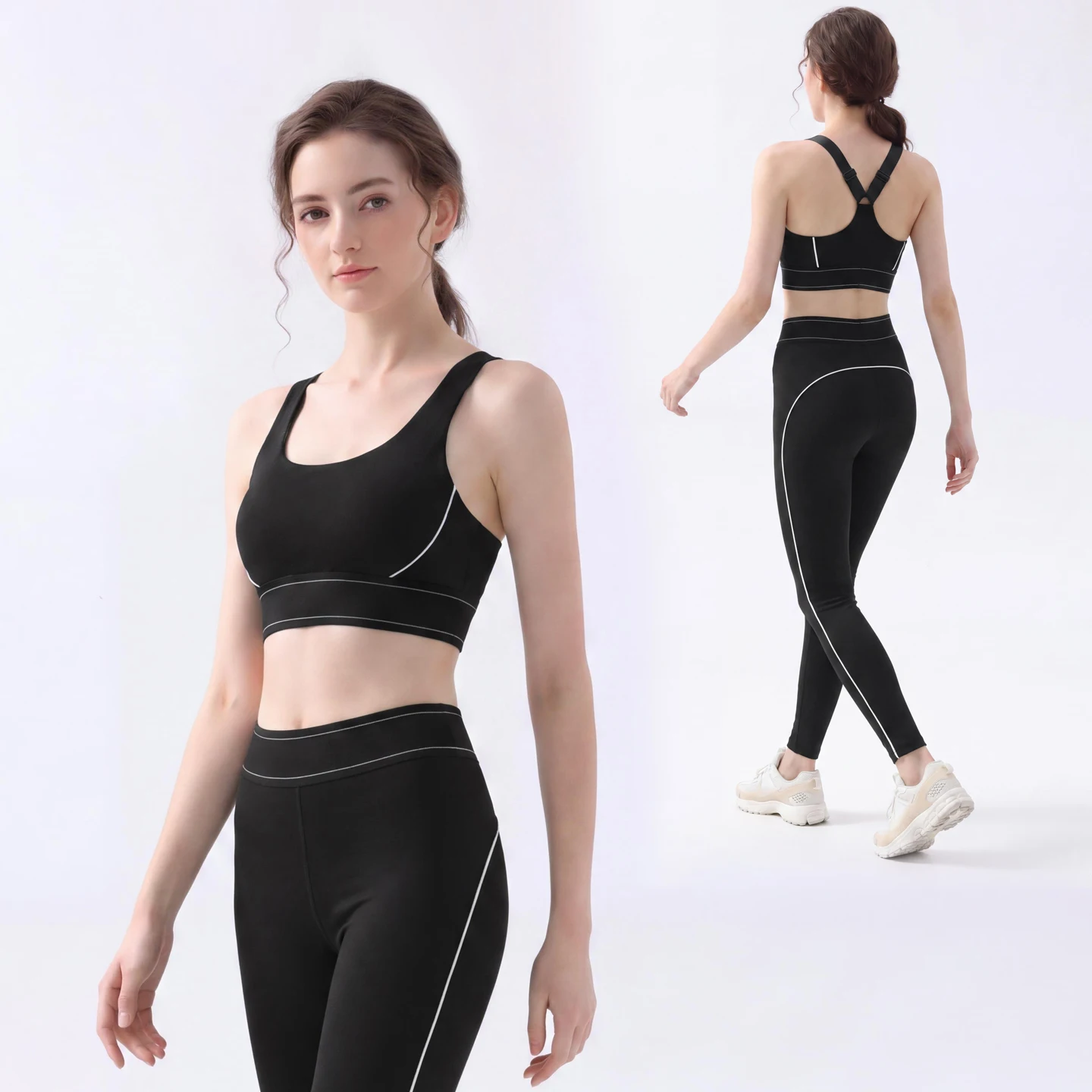 2026 New Women Contrast Line Yoga 2‑Piece Set Adjustable Sports Bra High Waist Leggings Stretchy Gym Fitness Workout Activewear