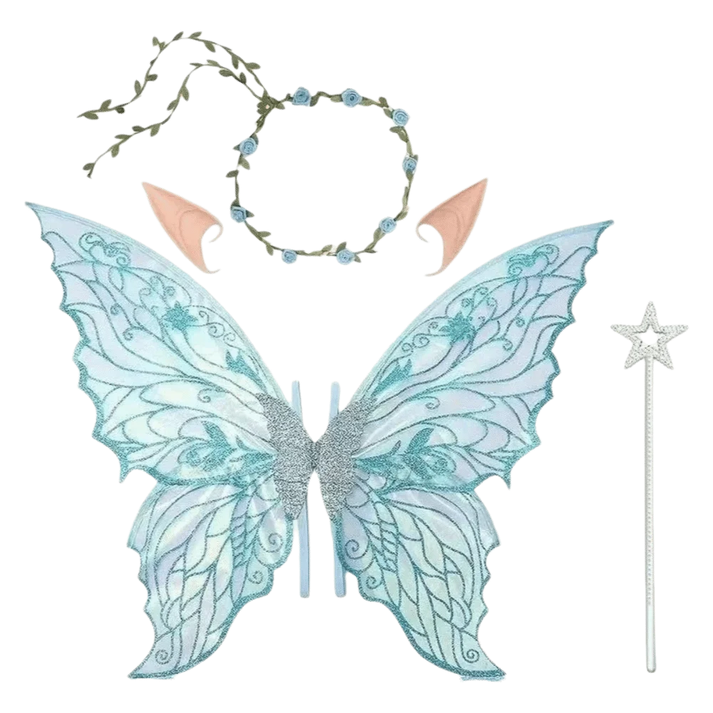 Foldable Wings Wreath Elf Ear Set Wand Sparkling Butterfly Wings Set Flower Crown Fairy Wings Fairy Cosplay Set Halloween