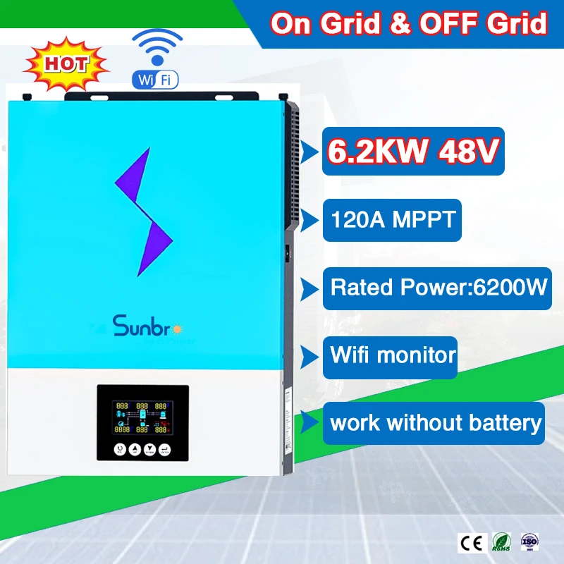 Grid-Tie 6200W 48V On/Off Grid Solar Inverter with 120A Solar Controller RGB Lingthing,90-500vdc PV Input Work without Battery